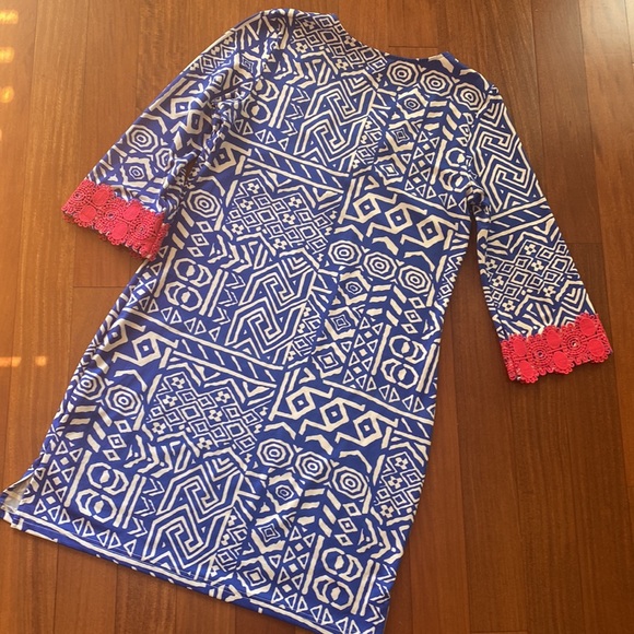 Joy Joy LIKE NEW Abstract Blue & White Mid-Sheath Dress - Sz Small - Picture 9 of 14